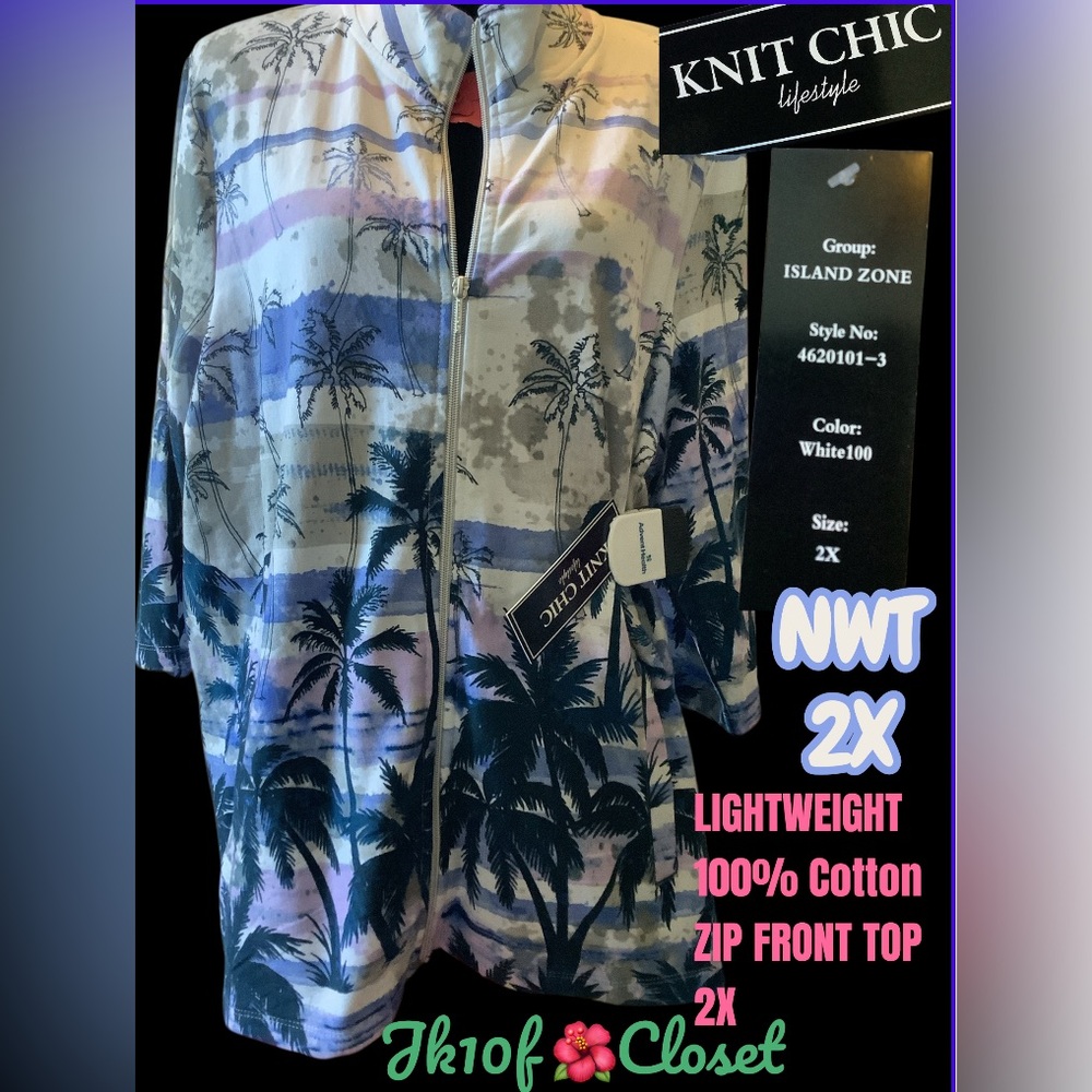 LOWEST🌺 NWT KNIT CHIC 2X TROPICAL ISLAND 100% COTTON ZIP FRONT TOP
